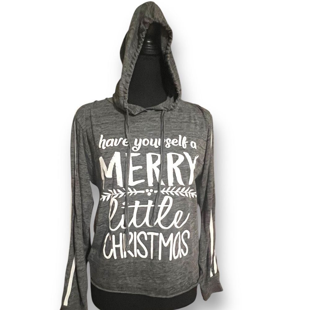 Have Yourself a Merry Little Christmas Long Sleeve Hooded Shirt, Gray, EUC, JrXL